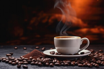 Hot coffee cup and coffee beans on the wood table, Generative AI.