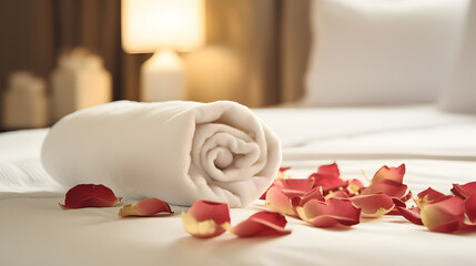 Fototapeta na wymiar Romantic hotel bedroom setting with a pristine white towel and a vibrant red rose accompanied by scattered petals.