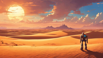 Fototapeta na wymiar A robot looking at the vast desert landscape.