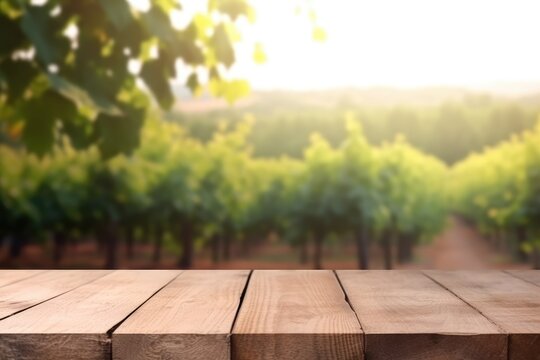 The empty wooden table top with blur background of vineyard. Exuberant image. generative AI