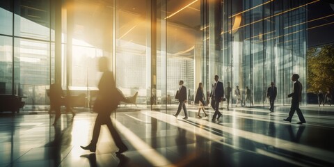  Employees Gracefully Walking Through an Office Building, Their Forms Blurred Against the Glazed Surfaces, Capturing the Dynamic Pulse of the Professional World in a Modern Office Environment
