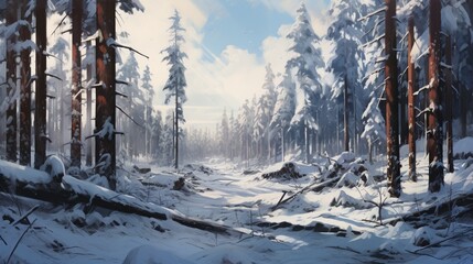 A snow-covered forest, the trees heavy with snow, under a pale winter sky.
