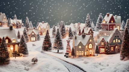 A snow-covered village scene with miniature houses and a twinkling Christmas tree.