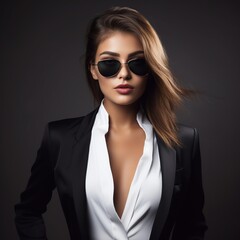 Beautiful sexy woman in black clothes and sunglasses on a dark background
