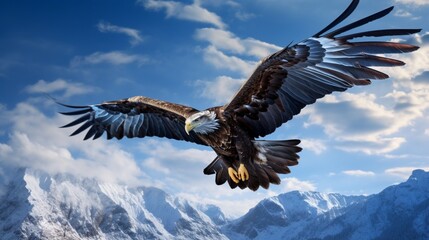 A solitary eagle soaring majestically against a backdrop of blue skies.