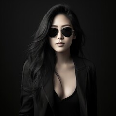 Young sexy Asian woman in black clothes and sunglasses on a dark background