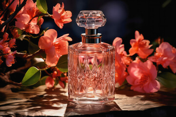 Obraz na płótnie Canvas Perfume bottle with flower on light pink background, Generative AI.