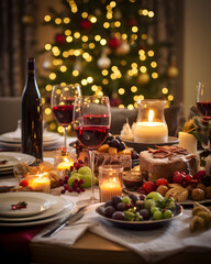 Beautiful dining table setting with christmas party with fir elegant candles and delicious festive food and wine decorated prepared for new year's eve