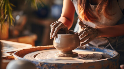 Fototapeta na wymiar Hands shaping on pottery Wheel Generative Ai