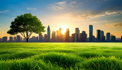 Fototapeta na wymiar Sunrise Cityscape Skyline, Green Grass, and a Tree