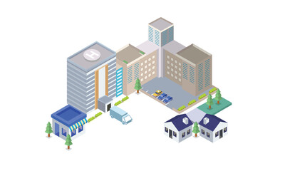 Smart sustainable modern eco city with commercial residential buildings.on white background.3D design.isometric vector design Illustration.