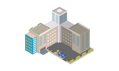 Isometric hotel, apartment, school, or skyscraper building.on white background.3D design.isometric vector design Illustration.