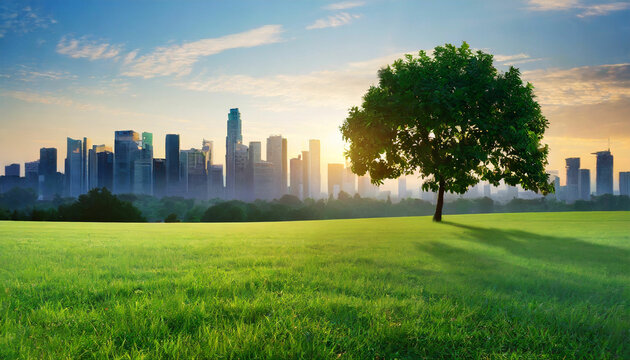 Sunrise Cityscape Skyline, Green Grass, and a Tree