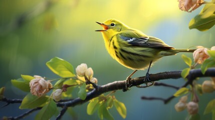 A tiny warbler captured mid-song, its melodious notes filling the air. - obrazy, fototapety, plakaty