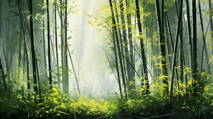 A tranquil bamboo grove, the slender stalks swaying gently in the breeze.