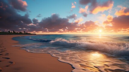 A tranquil beach at sunrise, with the gentle waves kissing the shoreline.