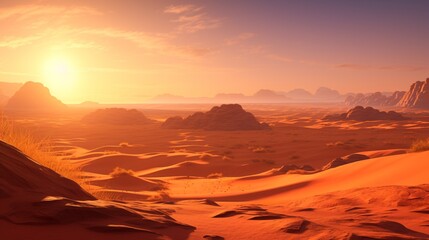 A vast desert landscape with sand dunes casting long shadows under a setting sun.