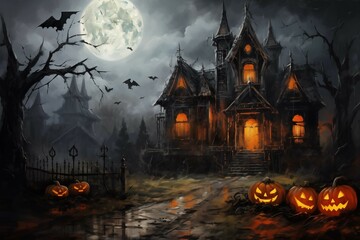 Masterful impressionist digital oil painting of a haunted Halloween mansion with creepy pumpkins, reflective stone paths under a full moon