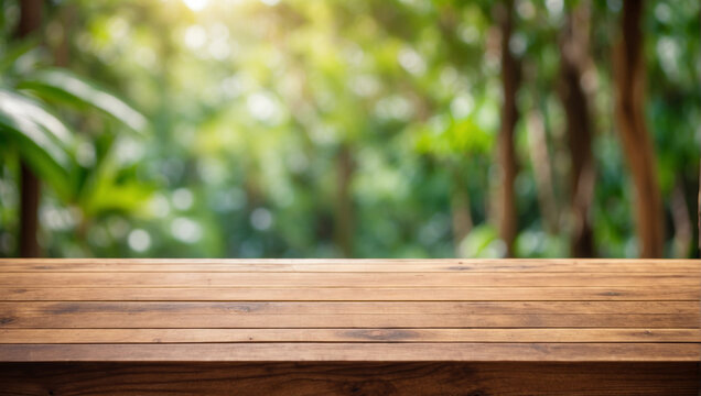 empty wooden table with blurred background of tropical forest