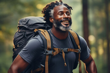 Happy man with dreadlocks and backpack, radiating positivity. This image can be used to depict adventure, travel, or carefree spirit. - Powered by Adobe