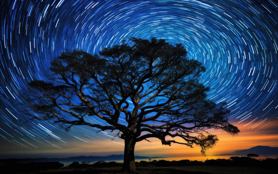Long exposure photograph of star movement in the night sky with a silhouette of a tree