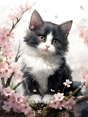 Watercolor portrait of a black cat with cherry blossom branches
