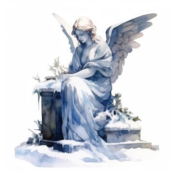 Watercolor painting of a statue of an angel with wings in a garden