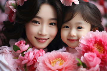 Two young girls with flowers in their hair. Suitable for springtime or summer-themed projects.
