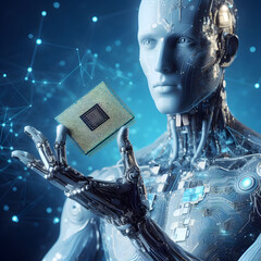 humanoid AI robot holding microprocessor CPU in hand