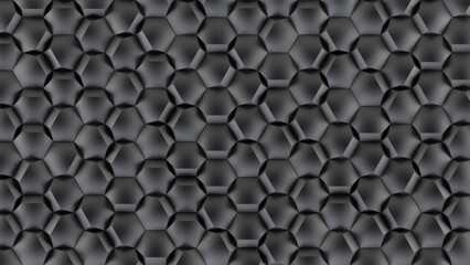 Dark convex hexagon geometric shapes tile background. Gray bulging honeycomb digital mosaic pattern. Creative 3d graphic design wall.