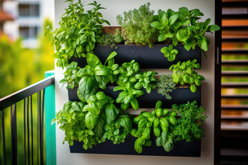 Balcony herb garden concept. Modern vertical lush herb garden planter bags hanging on city apartment balcony wall, with planter boxes pots of basil, mint, rosemary thyme growing in urban environment - obrazy, fototapety, plakaty