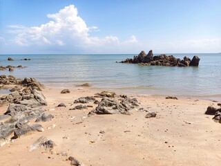 Natural View Of The Tanjung Kalian Coastline In Muntok City, With Rock Formations In Summer