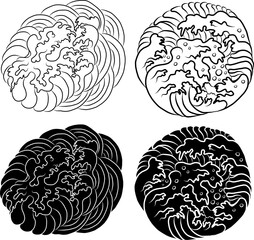Japanese wave vector illustration for T-shirt on cicle.Traditional Chinese wave and sunrise.Beautiful line art of nature for printing on shirt.Asian art for doodle and painting on background.
