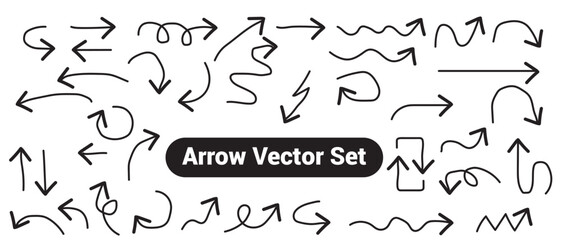 Hand drawn arrow set, collection of black direction pencil sketch symbols, vector illustration graphic design elements