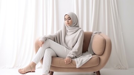 Muslim woman is relaxing sitting on the sofa