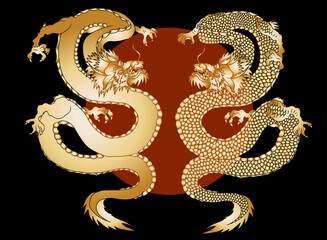 Japanese red dragon tattoo.Dragon on red background for Chinese New Year.Gold Chinese Dragon vector.Gold line art King Dragon tattoo.cartoon vector for t-shirt.