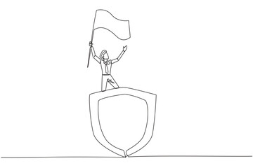 Fototapeta na wymiar Continuous one line drawing of young businessman standing on giant shield raising flag. Network security businessman celebrating new cooperation with government. Single line design vector illustration
