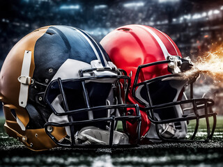 Two football helmets crashing into each other. The concept of rivalry on the field between two teams in American football.