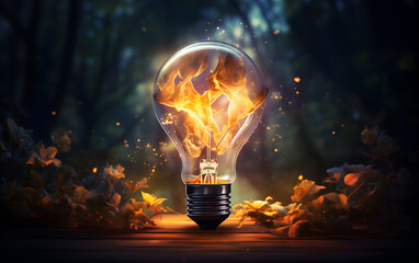 Abstract dynamic explosion of a lightbulb, symbolizing the ignition of fresh, powerful ideas and intense creativity. - obrazy, fototapety, plakaty