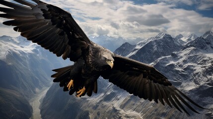 An aerial shot of a mighty condor, soaring high above rugged mountain peaks.