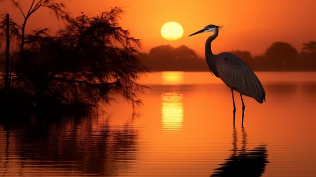 An egret, its elegant form silhouetted against the backdrop of a setting sun.