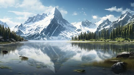 An expansive view of a pristine lake, mirror-like reflections of snow-capped mountains.
