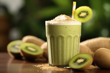 closeup of delicious kiwi milkshake and fresh kiwis. Generative AI