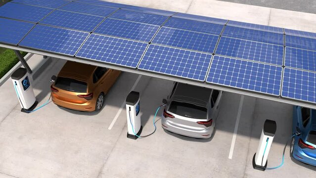Electric cars are being charged in vehicle parking with solar panel energy, EV Charging Station, Clean energy filling technology.