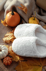 Obraz na płótnie Canvas Slippers and autumn leaves and pumpkin. White soft slippers in an autumn composition. Warm weekend in home aesthetics. Warm soft winter slippers.