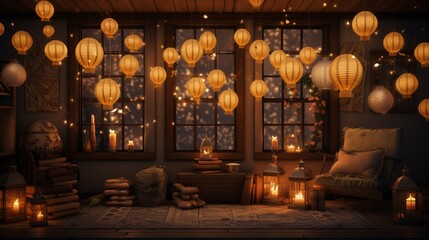 Classic paper lanterns illuminating a cozy room filled with Christmas decor. - obrazy, fototapety, plakaty