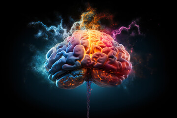 Colored human brain with wires coming out from it. Human brain and consciousness concept.