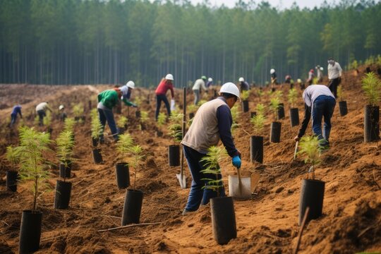 A group of volunteers planting trees in a deforested area.