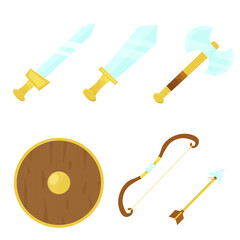 Beautiful set of combat weapons, swords, axe, shield, bow and arrow, on a white isolated background, for the game, cartoon style, vector illustration, 10 eps