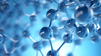 3D illustration of interconnected hydrogen molecules, showcasing the atomic structure and chemical bonds in a blue hue. - obrazy, fototapety, plakaty